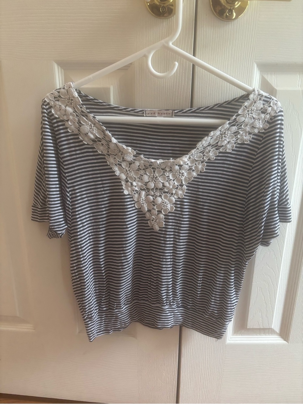 Red Haute Black & White Striped Top with Crochet V Detail